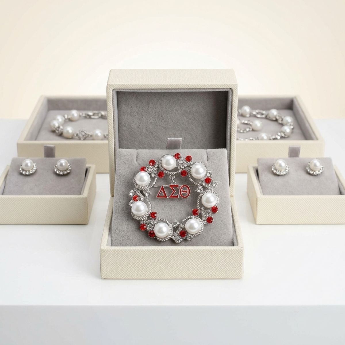 DST White Pearl Red Rhinestone Wreath Brooch Pin