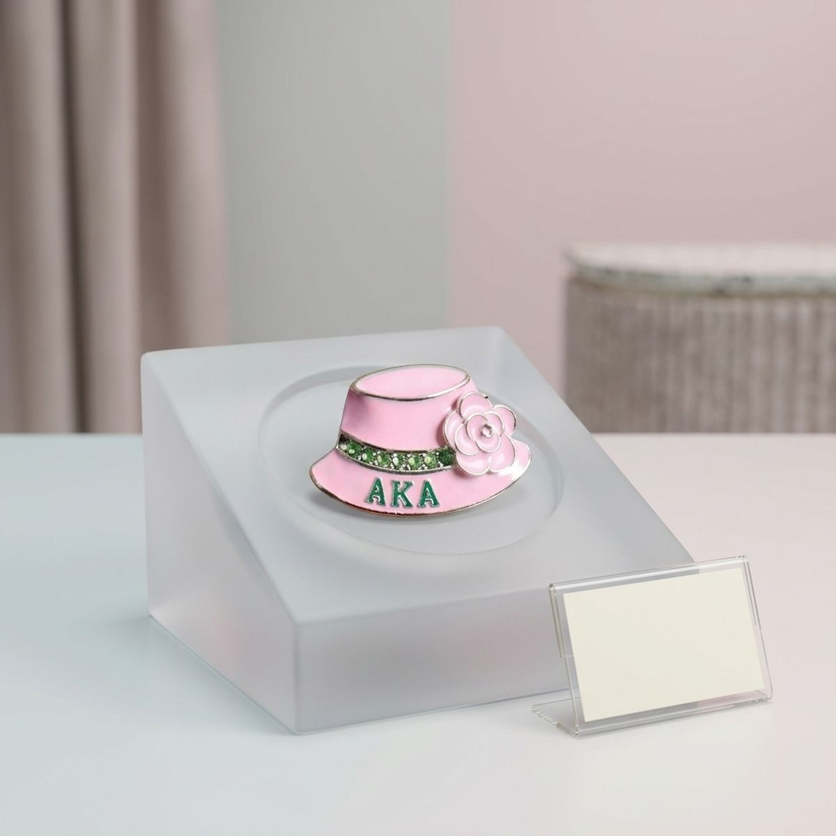 AKA Greek Pink and Green Hat Brooch with Flower
