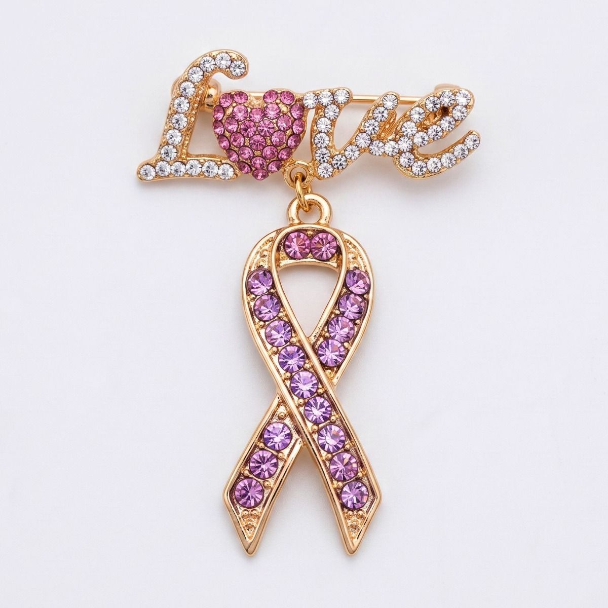 Gold Breast Cancer Love Pink Ribbon Dangle Brooch