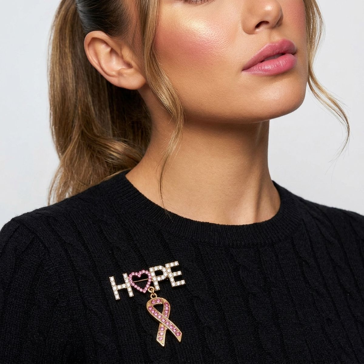 Gold Breast Cancer Hope Pink Ribbon Dangle Brooch