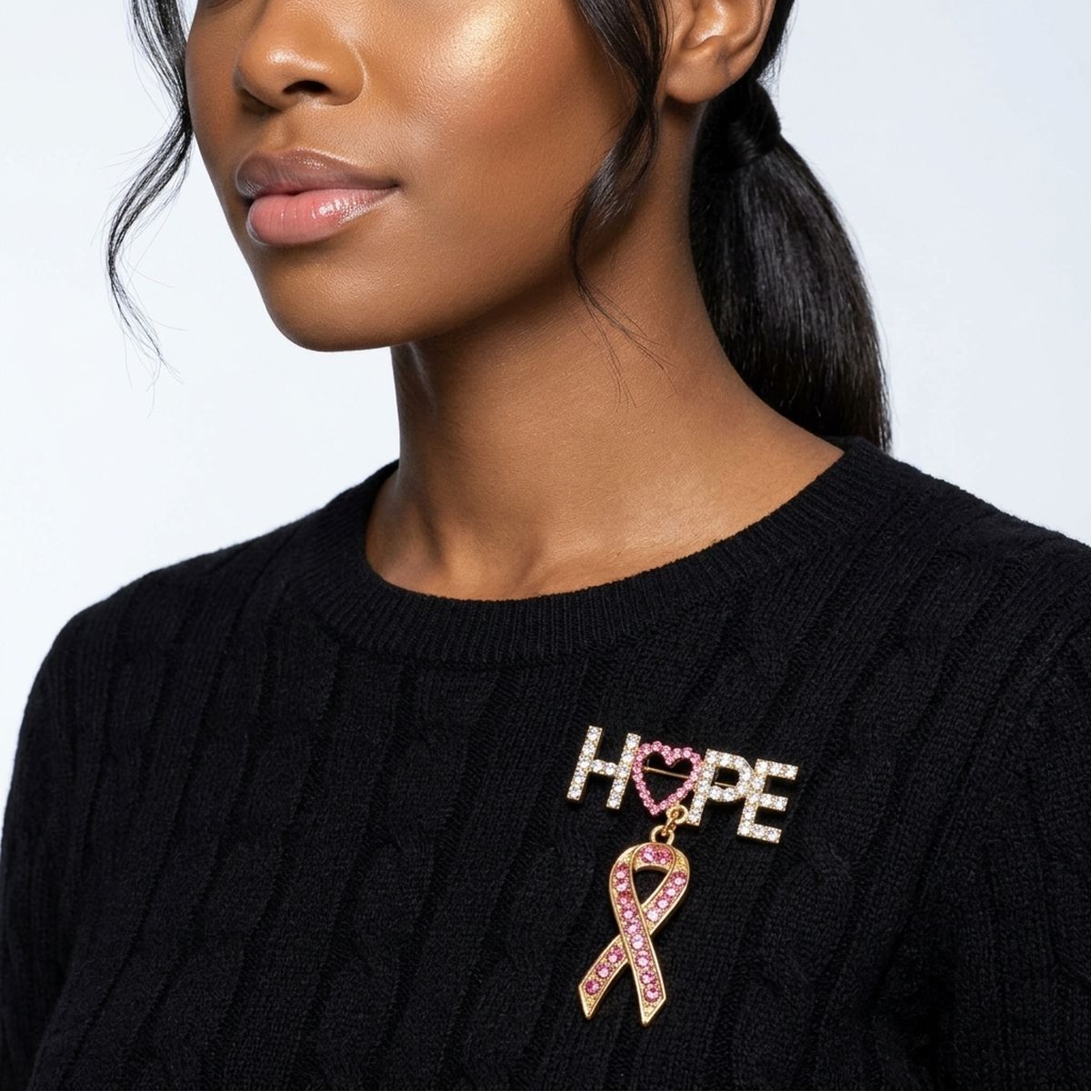 Gold Breast Cancer Hope Pink Ribbon Dangle Brooch