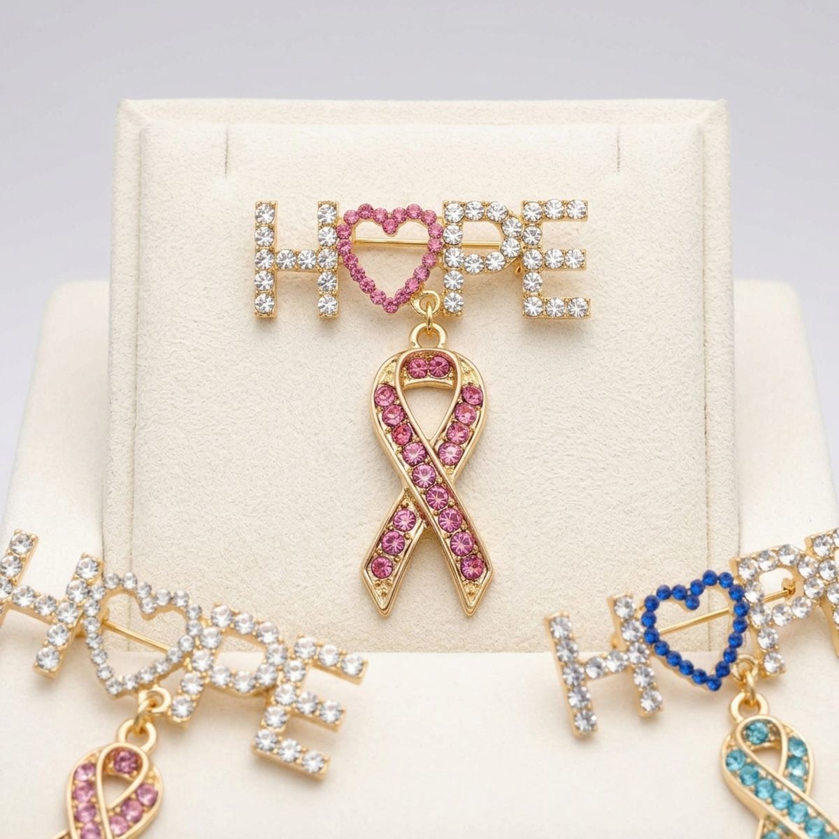 Gold Breast Cancer Hope Pink Ribbon Dangle Brooch