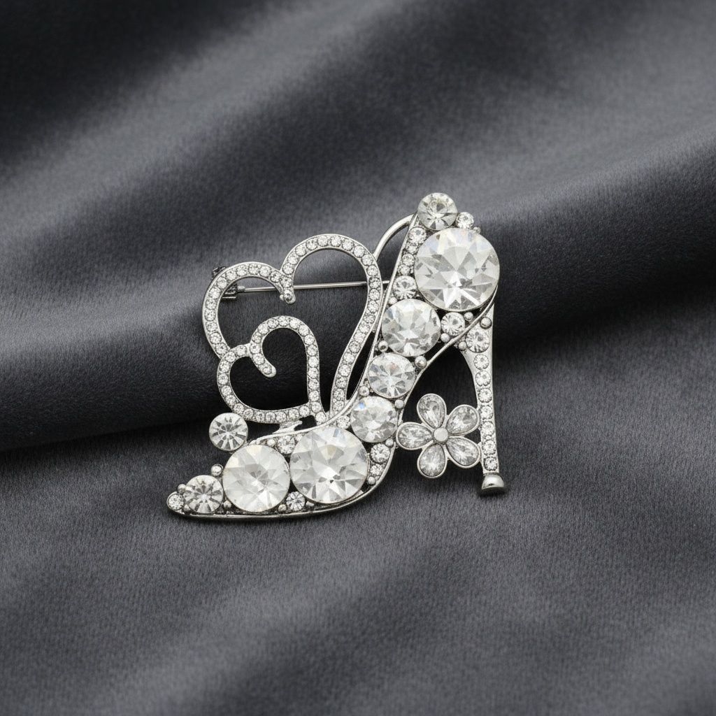Glass Crystal High Heel and Heart Silver Brooch