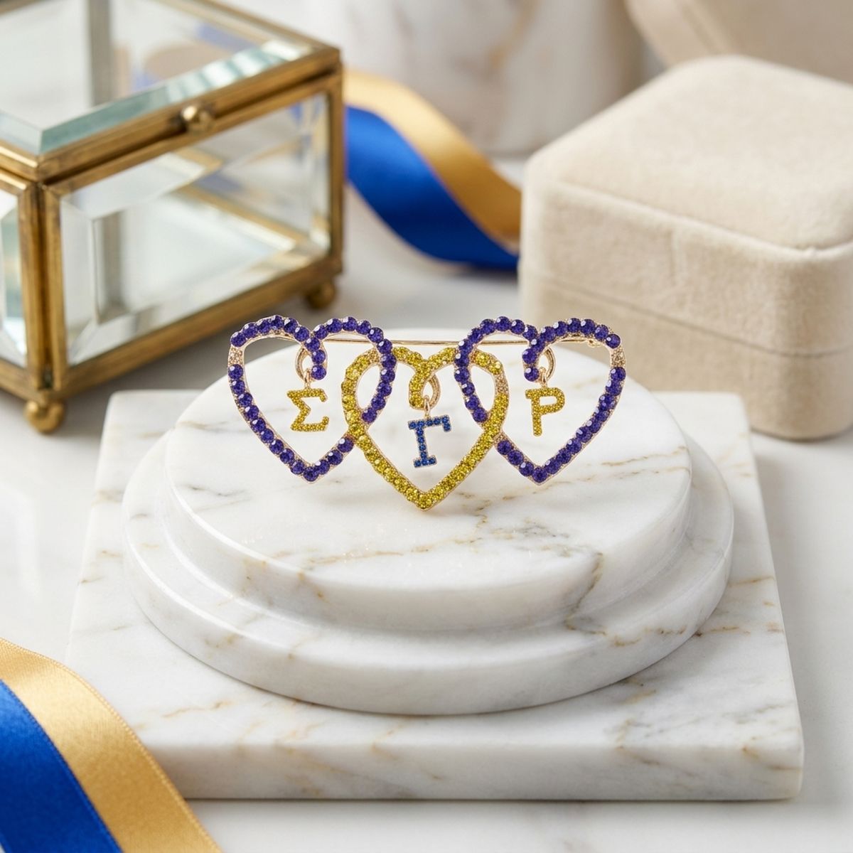 SGRHO Blue Gold Triple Heart Rhinestone Brooch