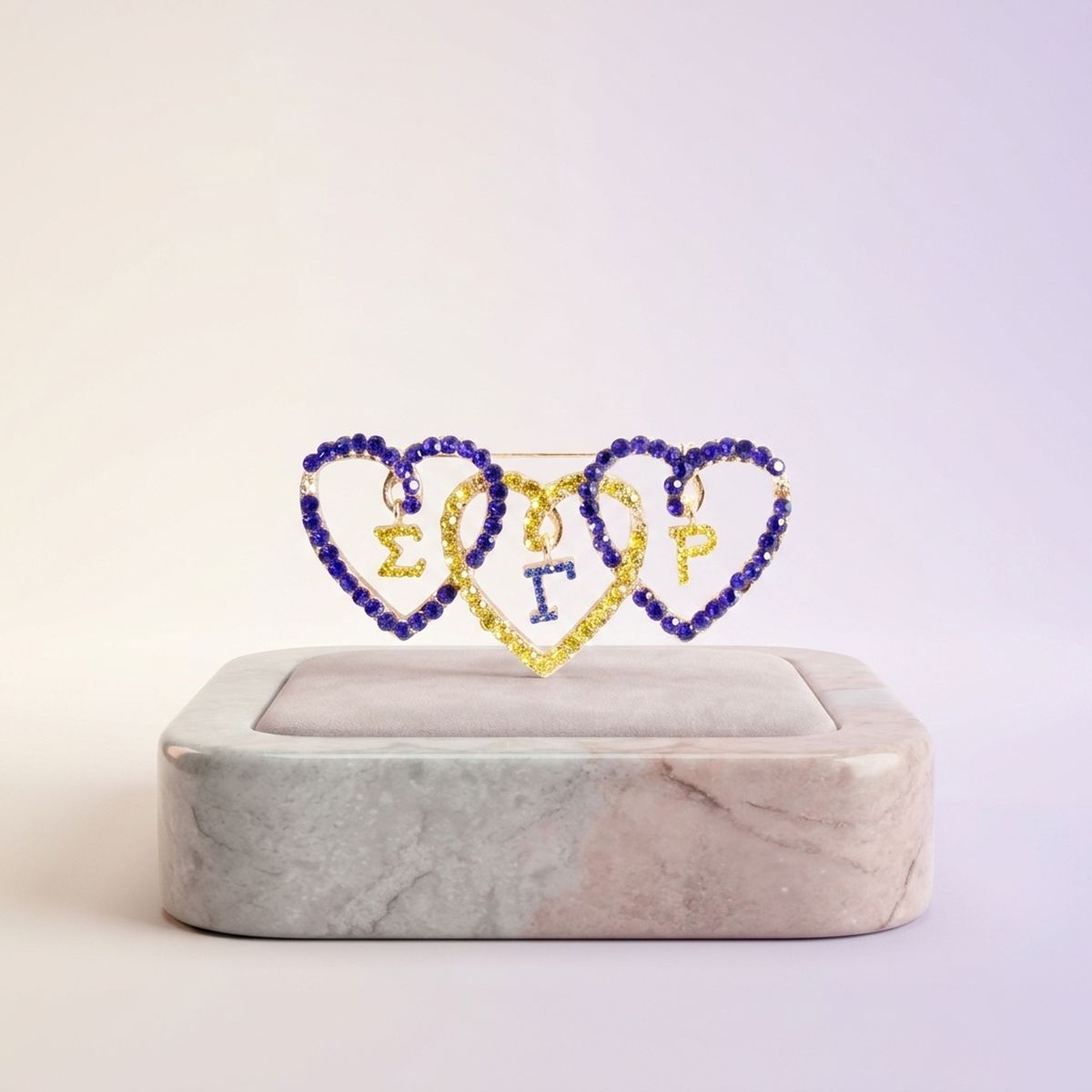 SGRHO Blue Gold Triple Heart Rhinestone Brooch