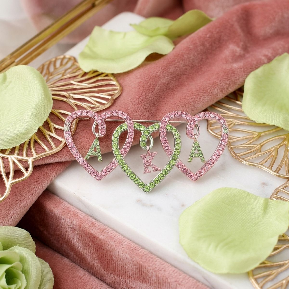 AKA Pink and Green Triple Heart Rhinestone Brooch