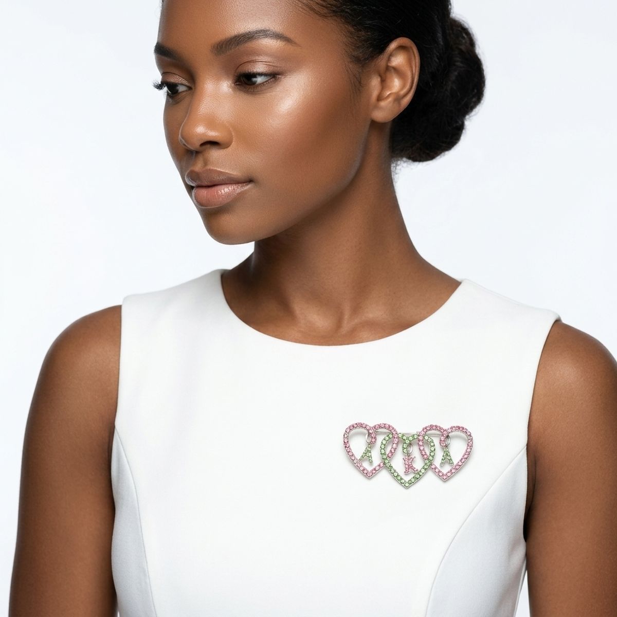 AKA Pink and Green Triple Heart Rhinestone Brooch
