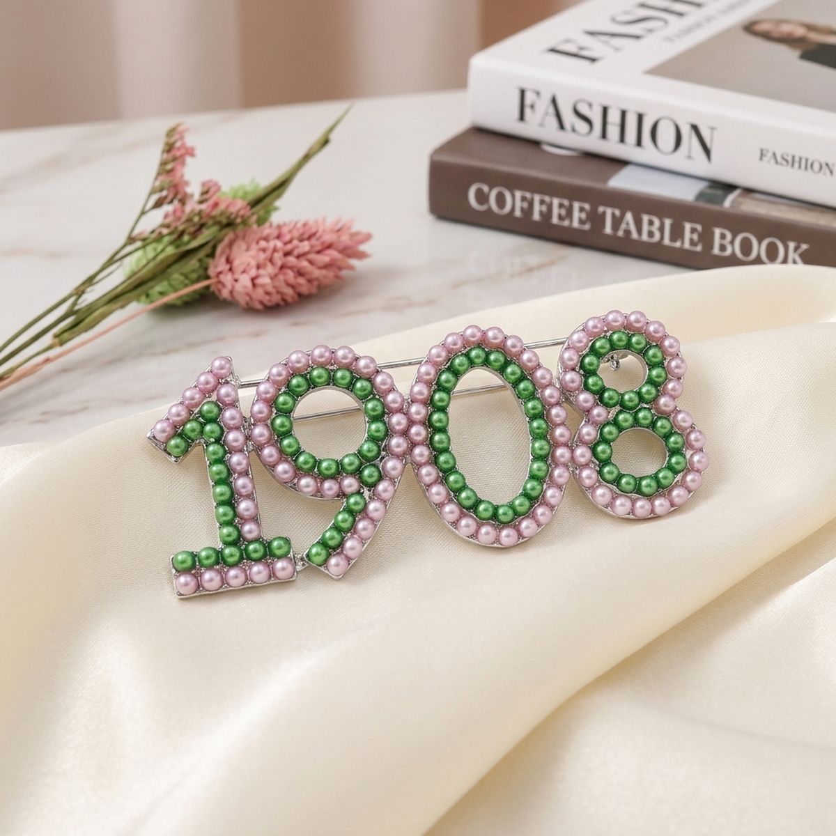 Alpha Kappa Alpha 1908 Pink Green Pearl Brooch Pin