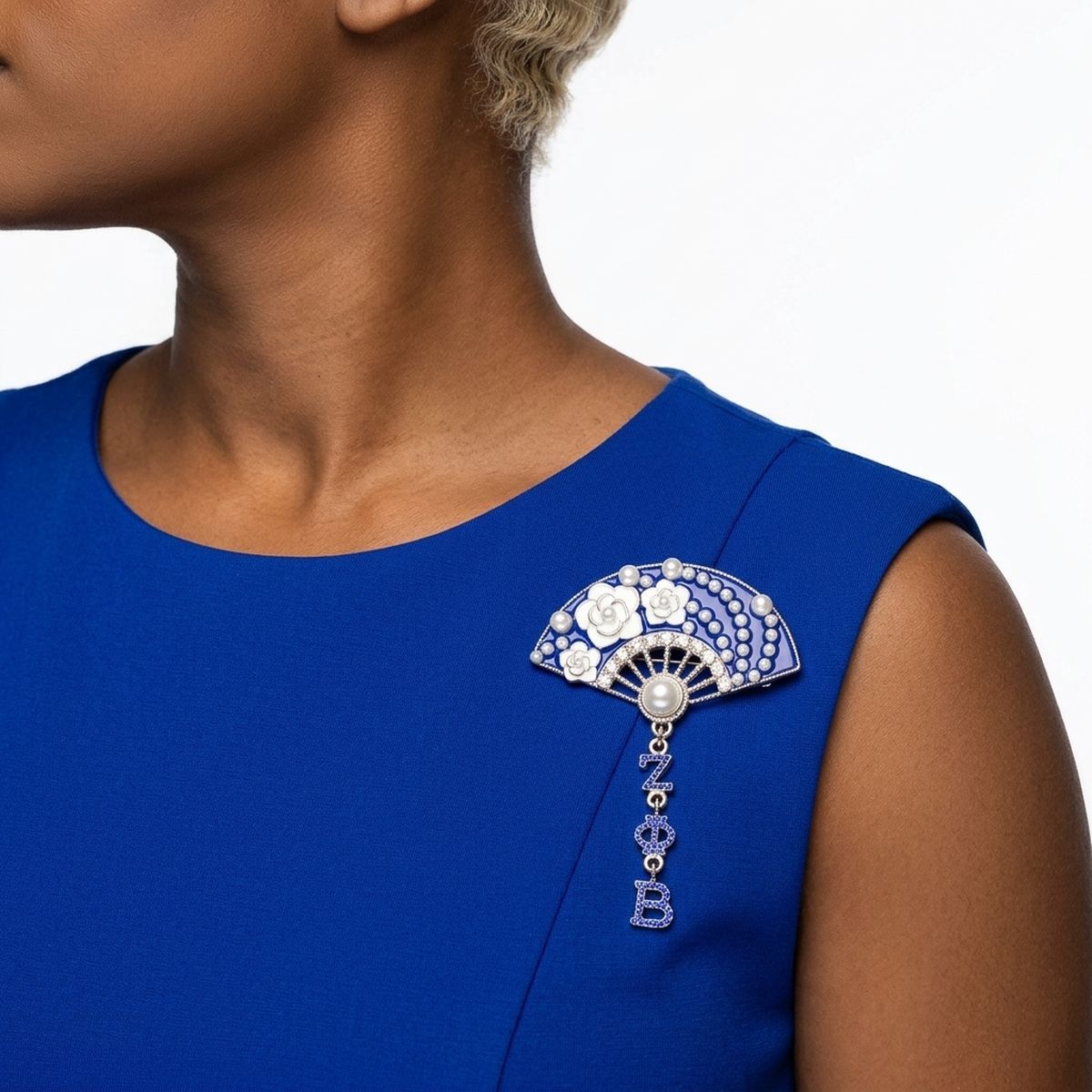 ZPB Blue Floral Pearl Hanfu Fan Dangle Brooch Pin