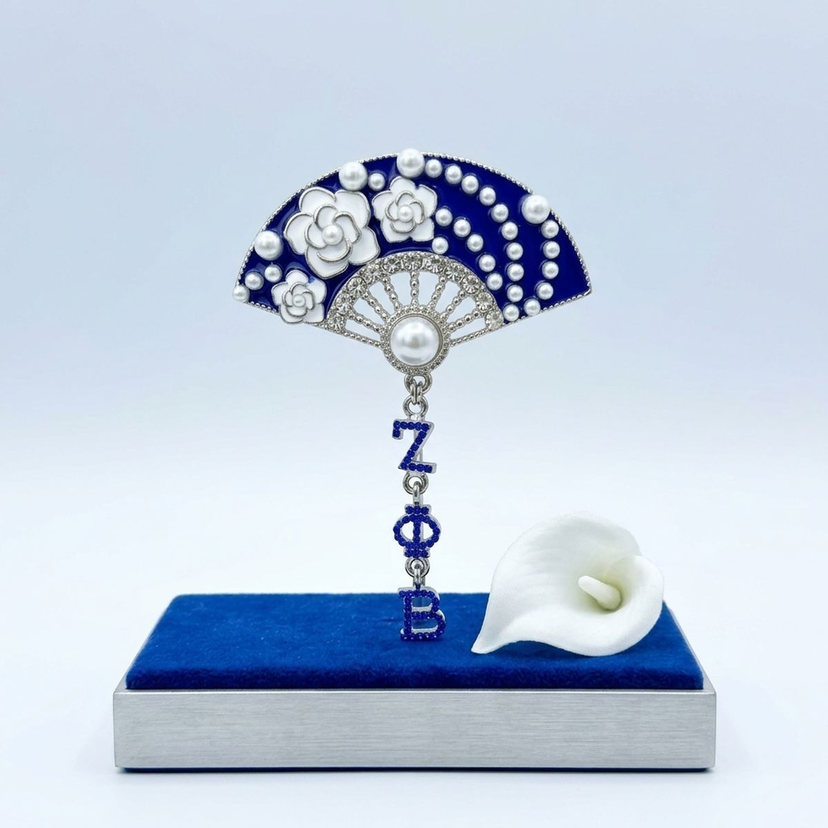 ZPB Blue Floral Pearl Hanfu Fan Dangle Brooch Pin