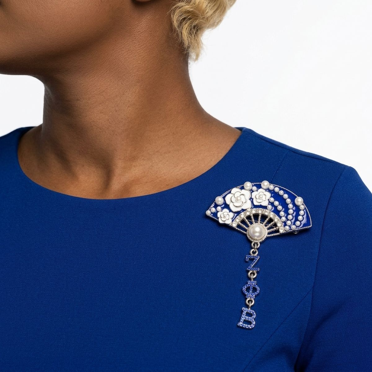 ZPB Blue Floral Pearl Hanfu Fan Dangle Brooch Pin