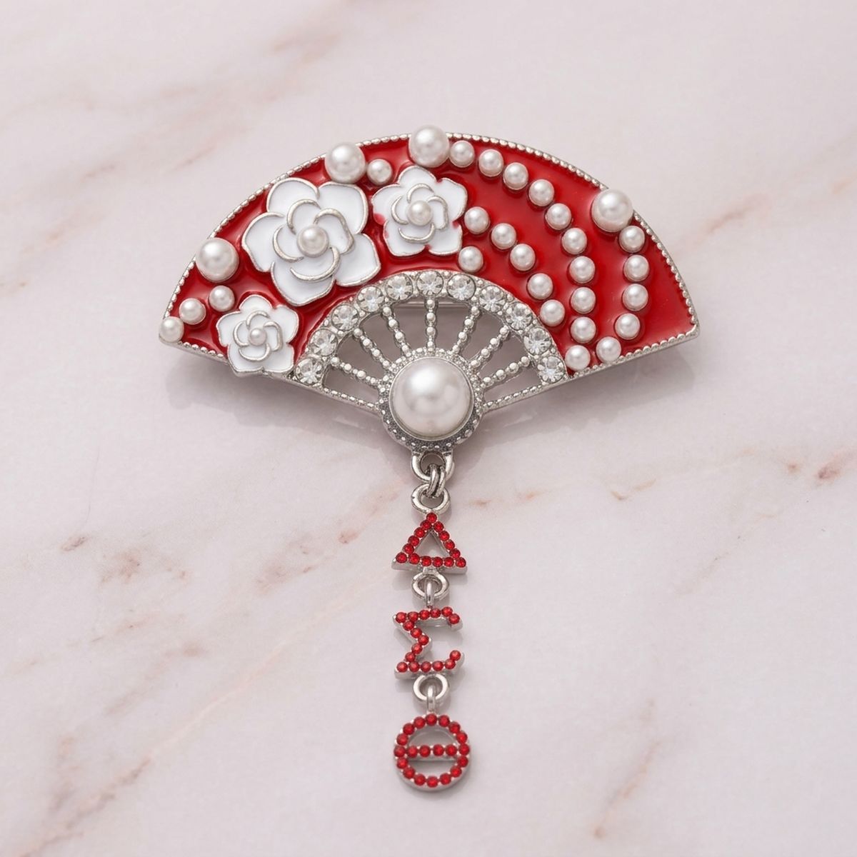 DST Red Floral Pearl Hanfu Fan Dangle Brooch Pin