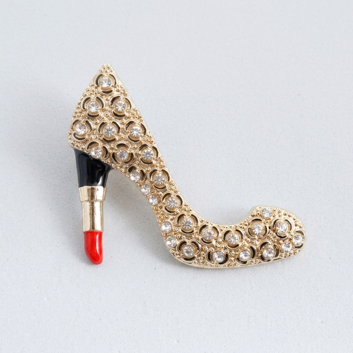 Gold & Clear Leopard High Heel Lipstick Brooch
