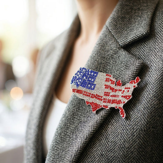 USA Map Silver Rhinestone Patriotic Brooch Pin