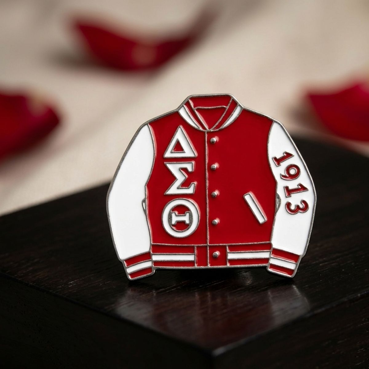 DST Varsity Jacket Red and White Brooch Pin