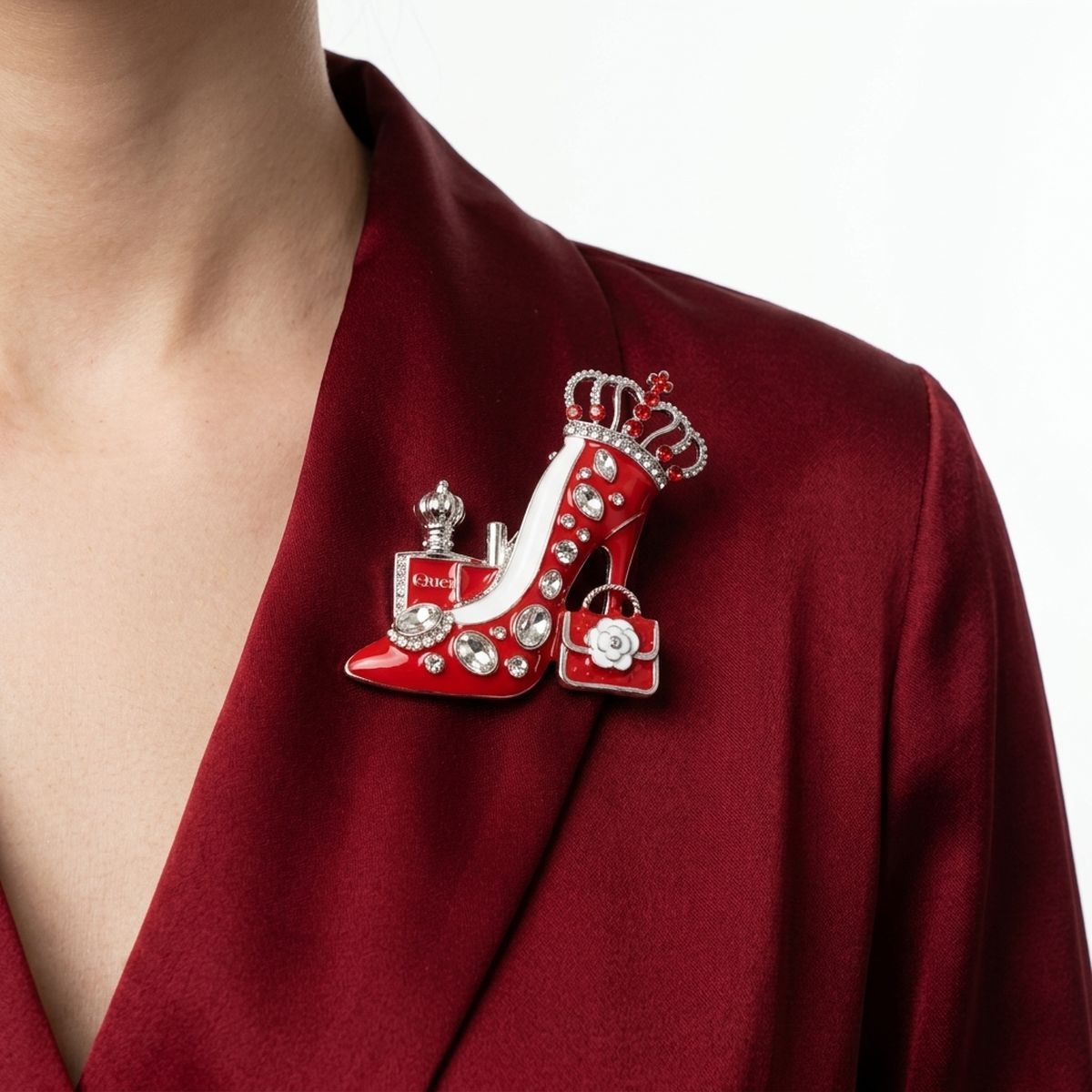 Red White Silver High Heel Queen Brooch Pin