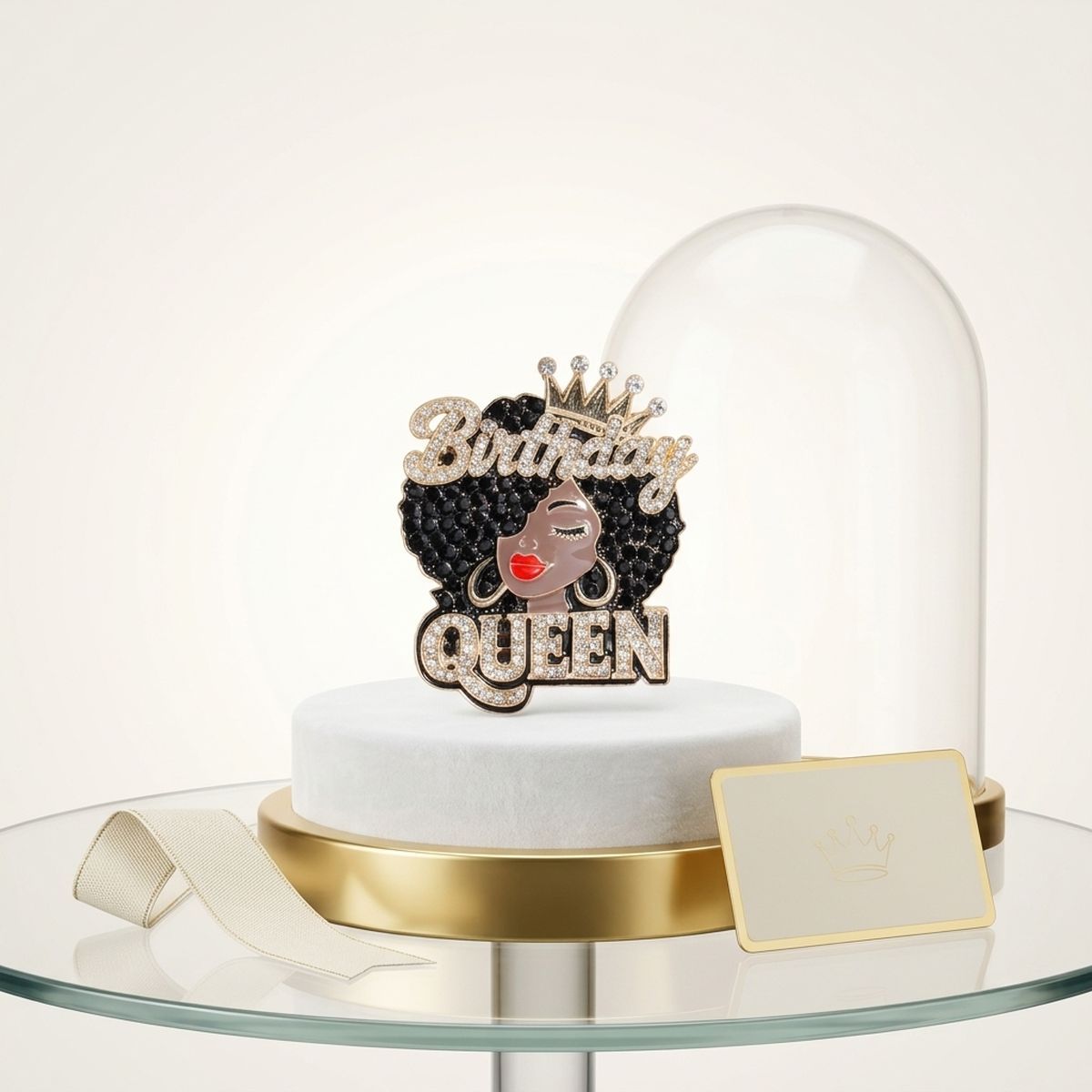 Gold Birthday Queen Afro Crown Rhinestone Brooch