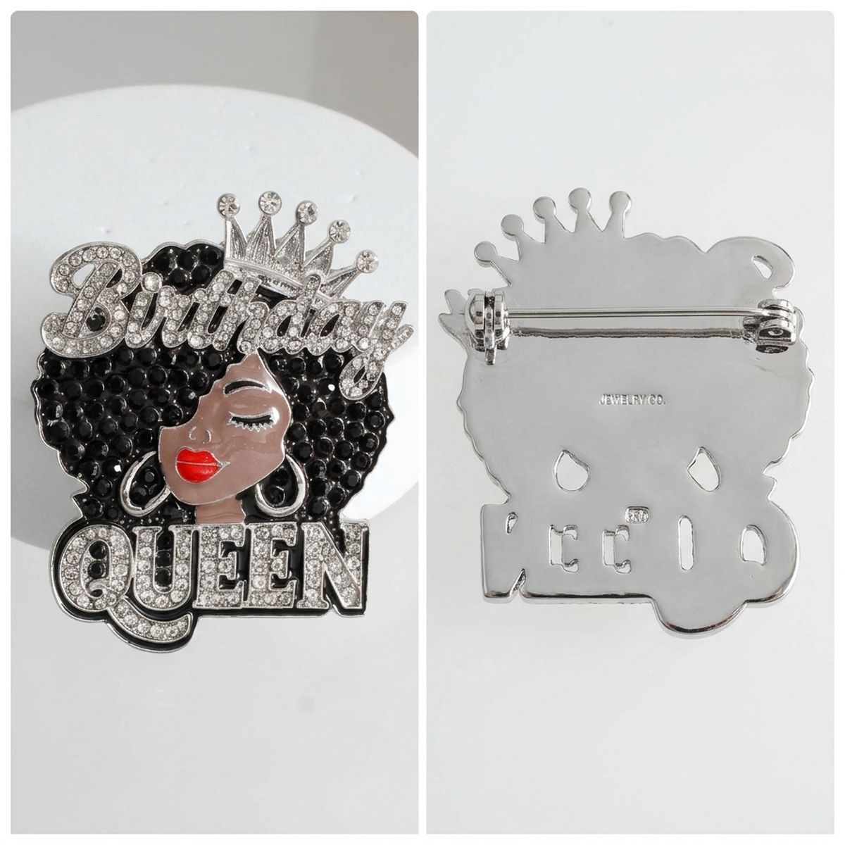 Silver Birthday Queen Afro Crown Rhinestone Brooch
