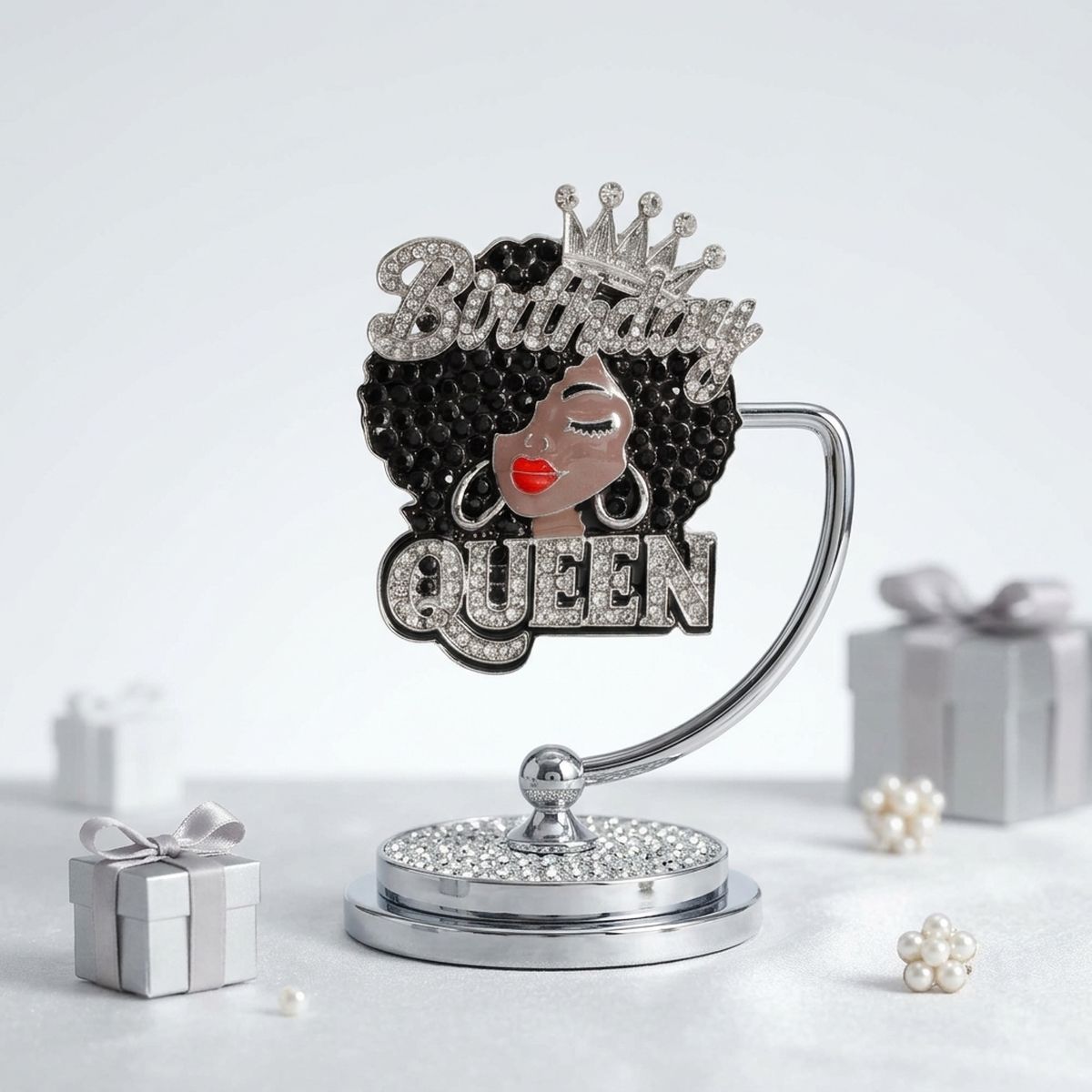 Silver Birthday Queen Afro Crown Rhinestone Brooch