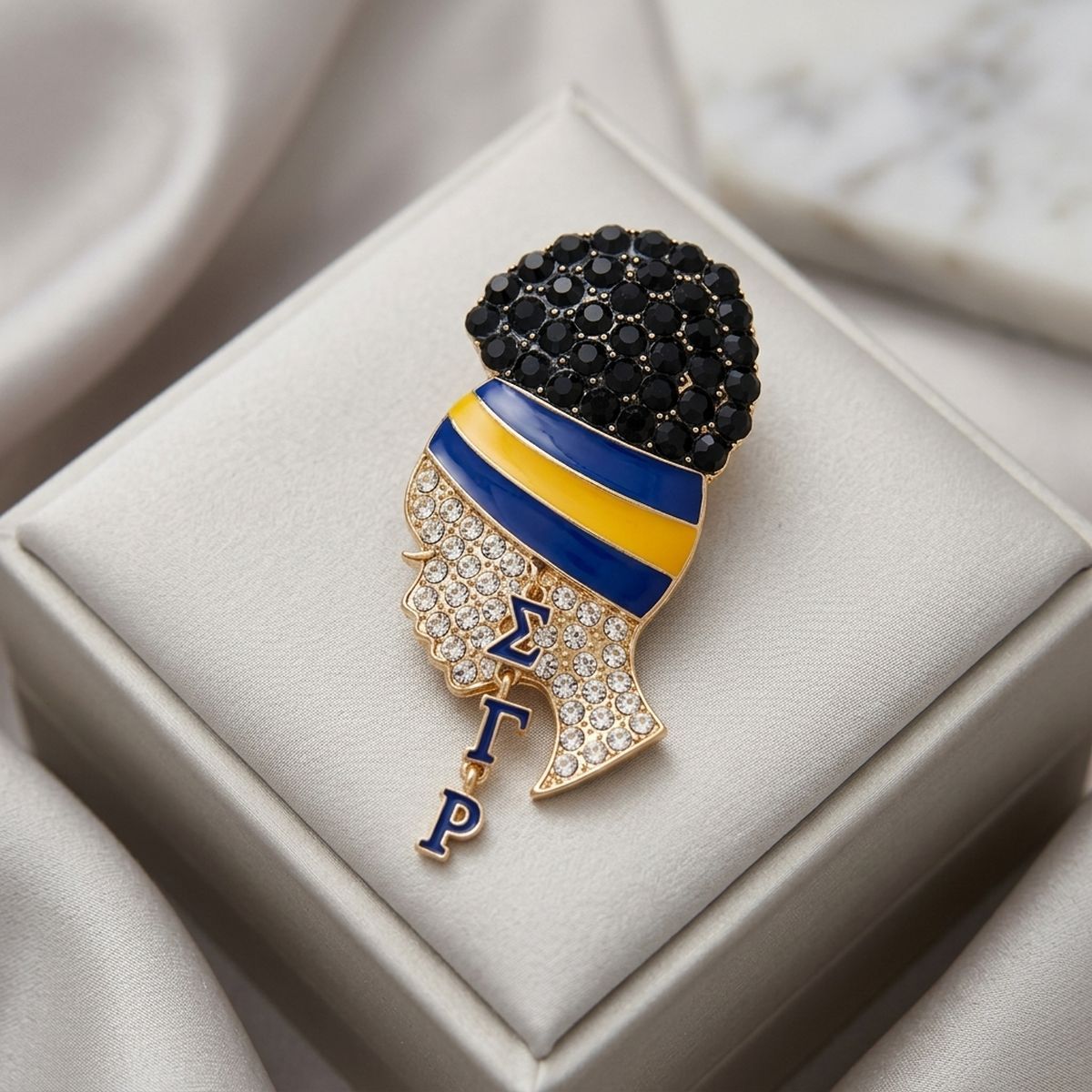 SGRHO Rhinestone Blue Gold Woman Profile Brooch