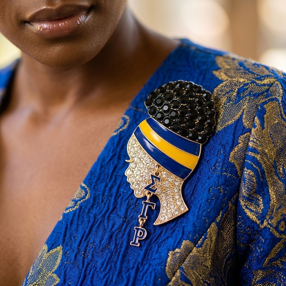 SGRHO Rhinestone Blue Gold Woman Profile Brooch