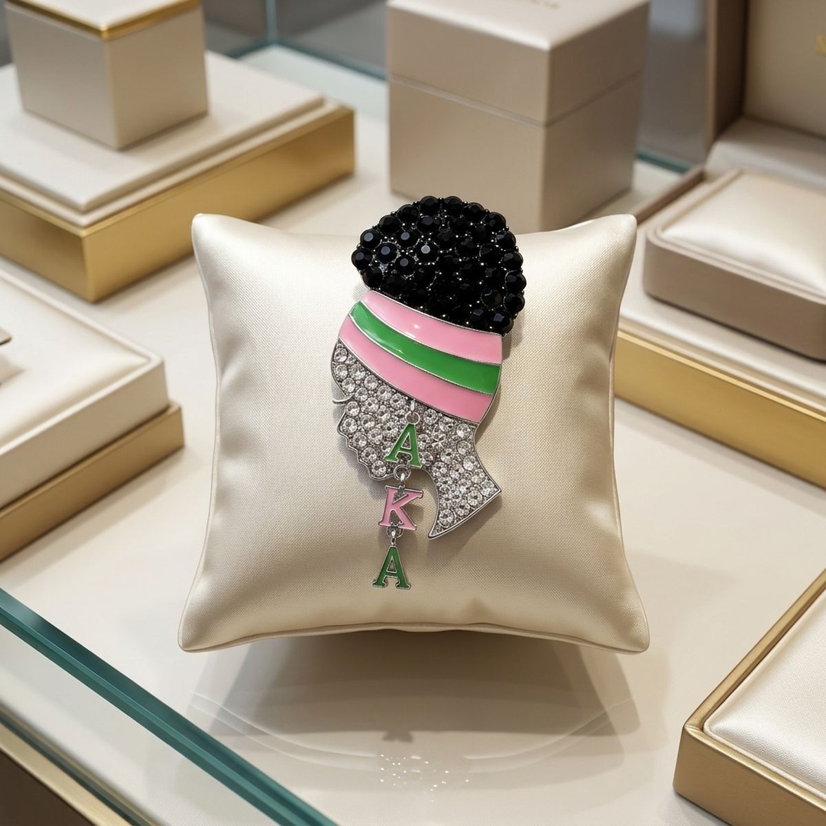 AKA Rhinestone Pink Green Woman Profile Brooch