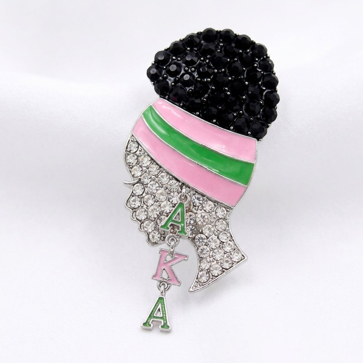 AKA Rhinestone Pink Green Woman Profile Brooch