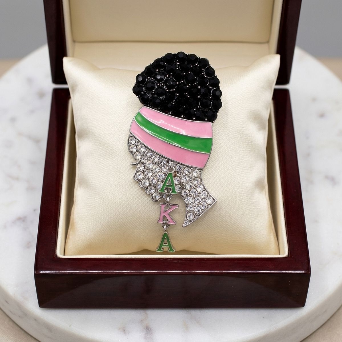 AKA Rhinestone Pink Green Woman Profile Brooch