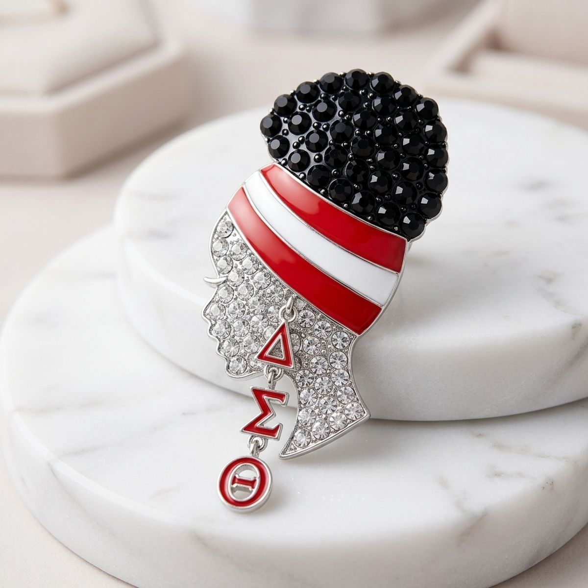 DST Rhinestone Red White Woman Profile Brooch