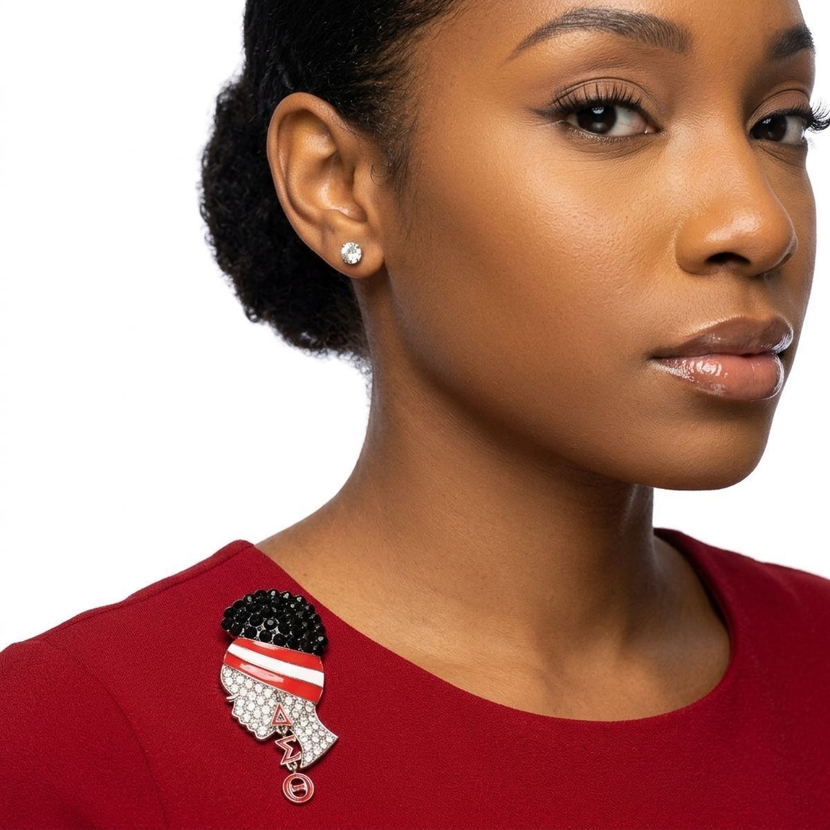 DST Rhinestone Red White Woman Profile Brooch