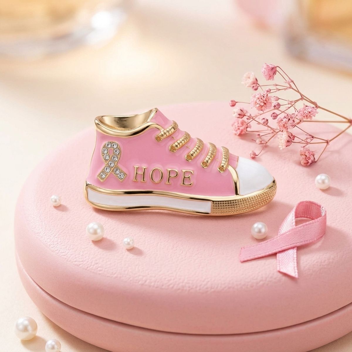 Pink Breast Cancer Hope Sneaker Gold Brooch Pin