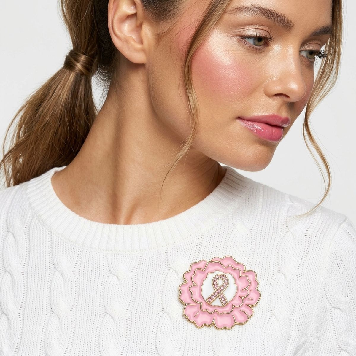 Pink Breast Cancer Awareness Gold Flower Brooch