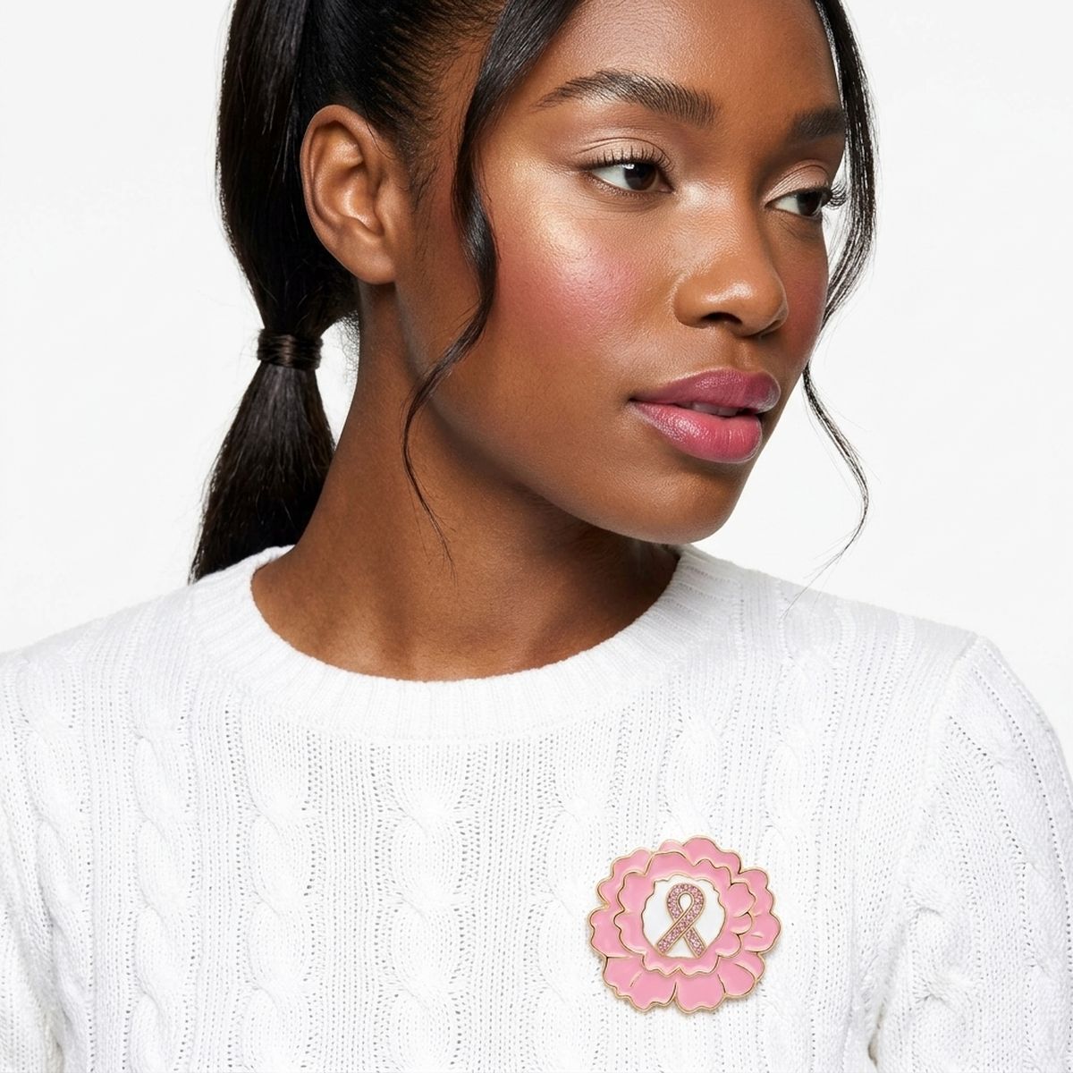 Pink Breast Cancer Awareness Gold Flower Brooch