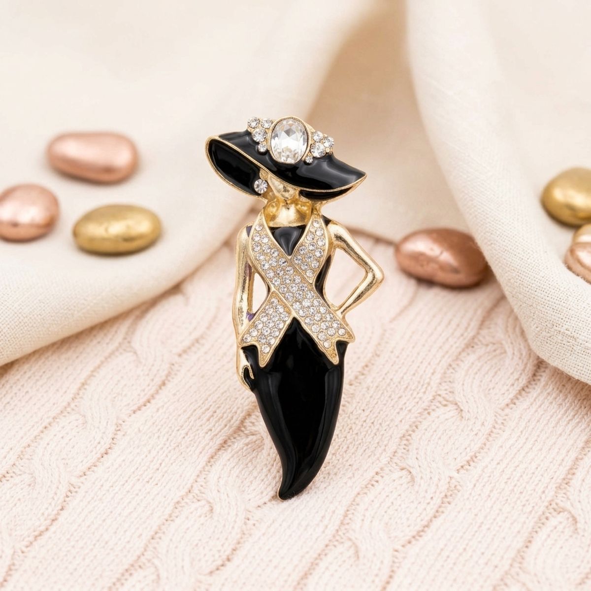 Black Breast Cancer Pink Ribbon Lady Gold Brooch