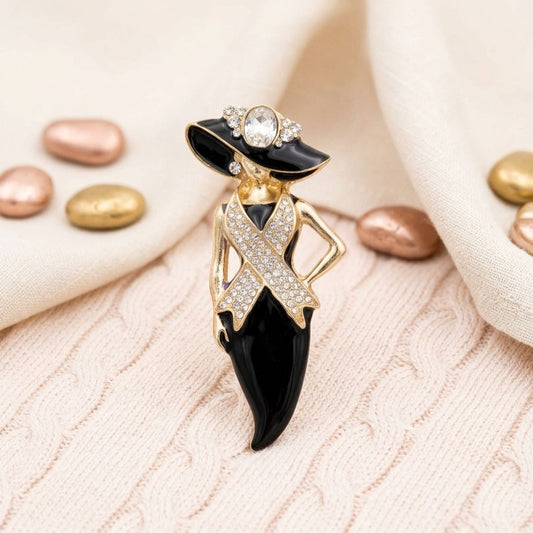 Black Breast Cancer Pink Ribbon Lady Gold Brooch