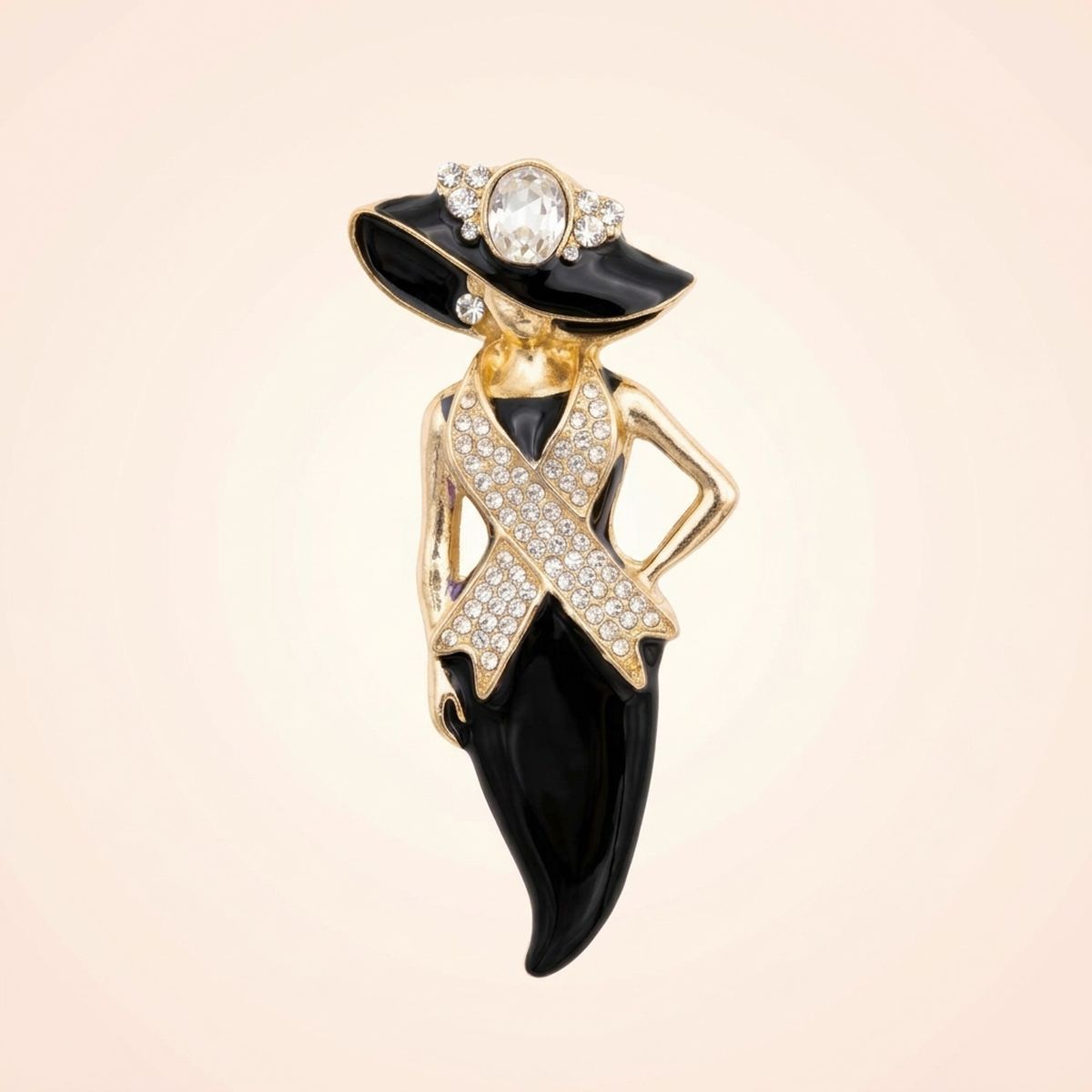 Black Breast Cancer Pink Ribbon Lady Gold Brooch