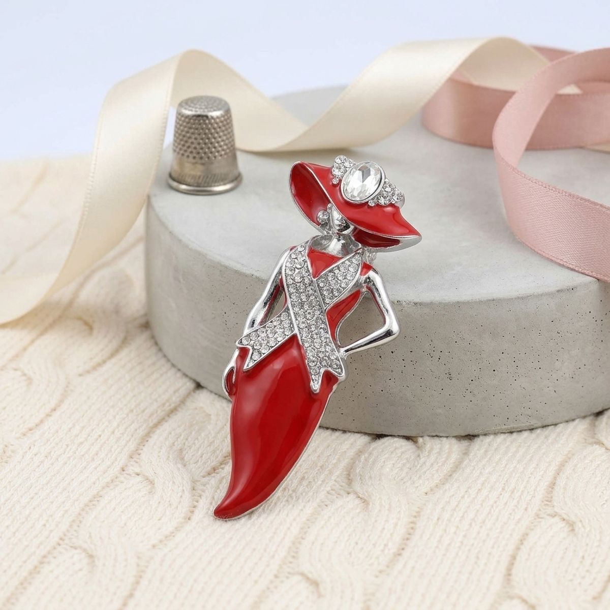 DST Red Lady Breast Cancer Ribbon Brooch Pin