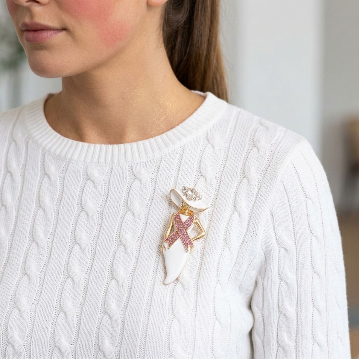 White Breast Cancer Pink Ribbon Lady Gold Brooch