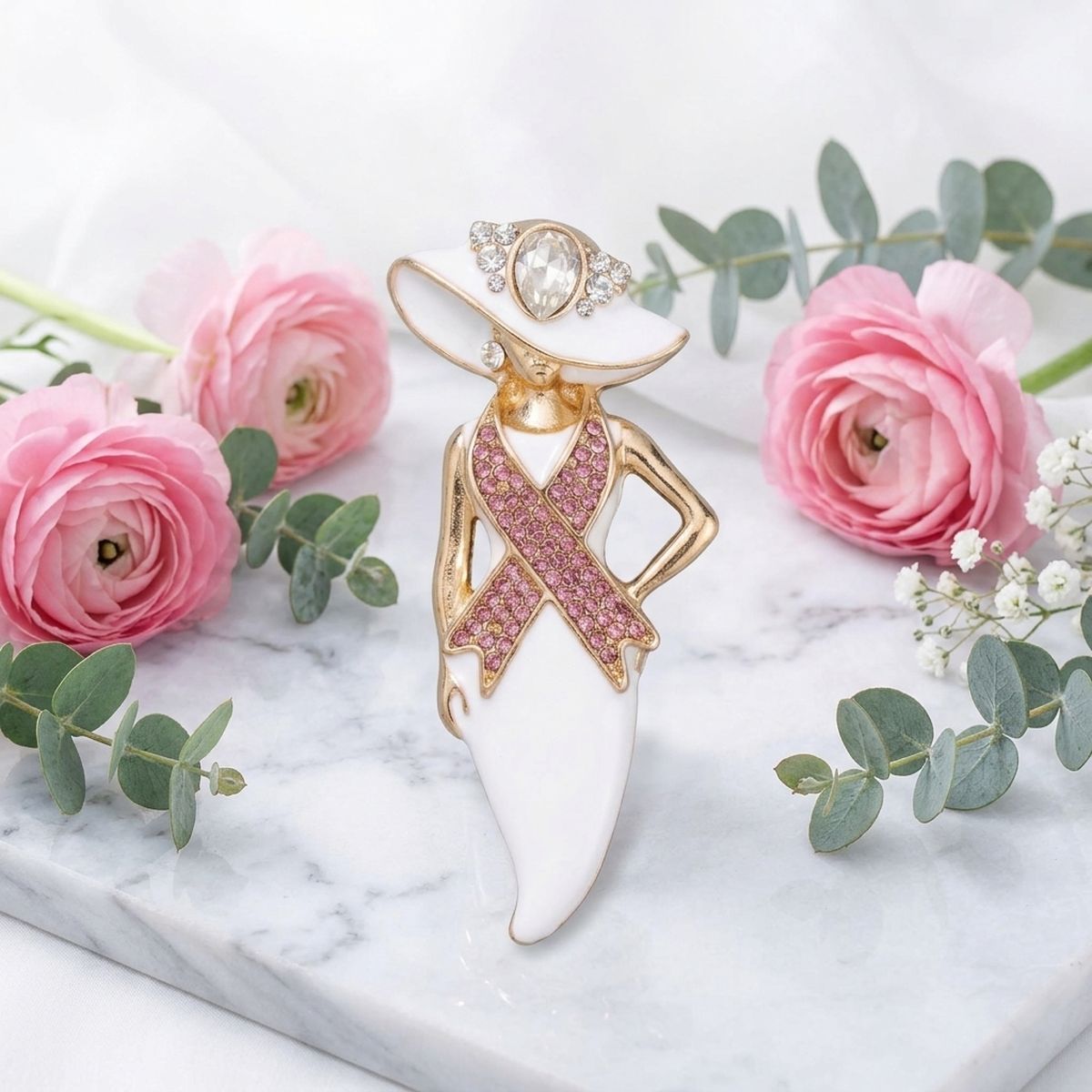 White Breast Cancer Pink Ribbon Lady Gold Brooch