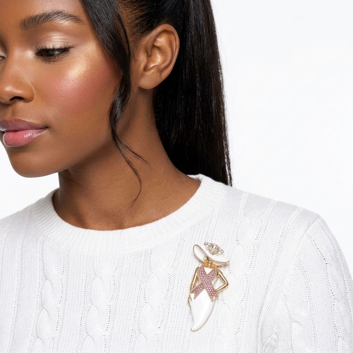 White Breast Cancer Pink Ribbon Lady Gold Brooch