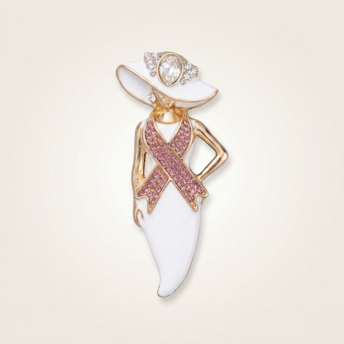 White Breast Cancer Pink Ribbon Lady Gold Brooch