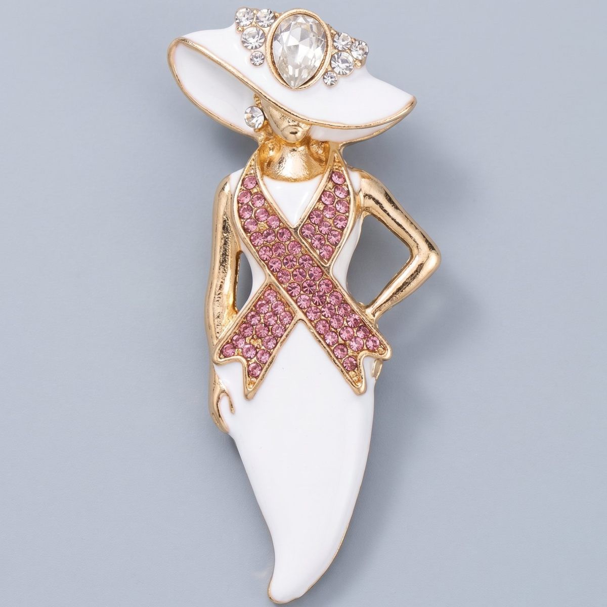 White Breast Cancer Pink Ribbon Lady Gold Brooch