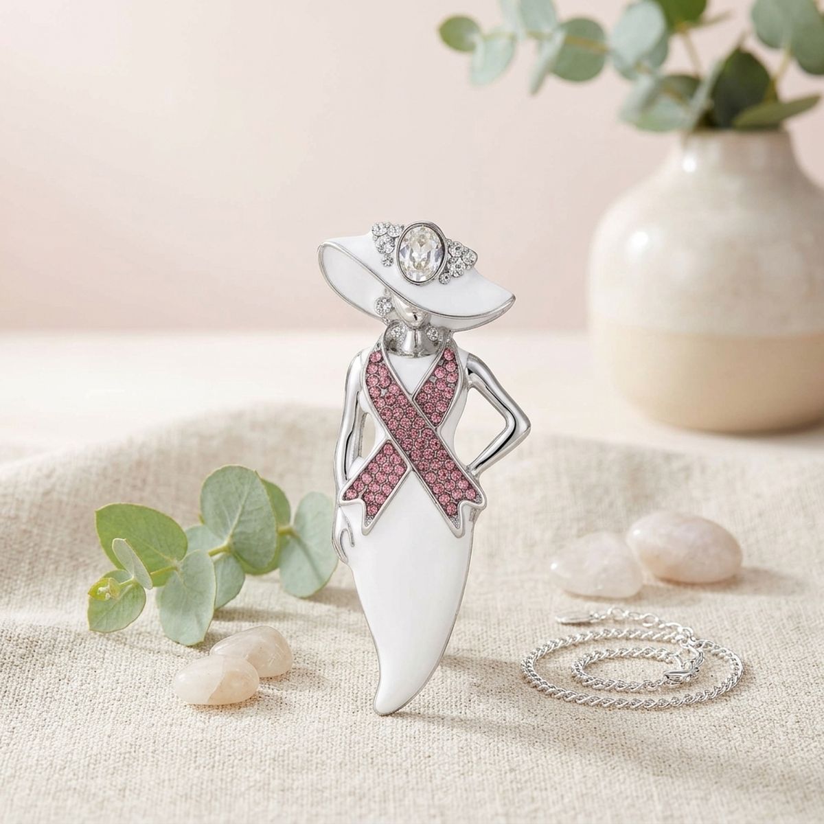 White Breast Cancer Pink Ribbon Lady Silver Brooch