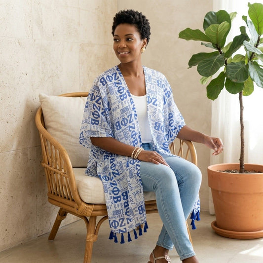 ZPB Blue and White Graphic Print Viscose Kimono