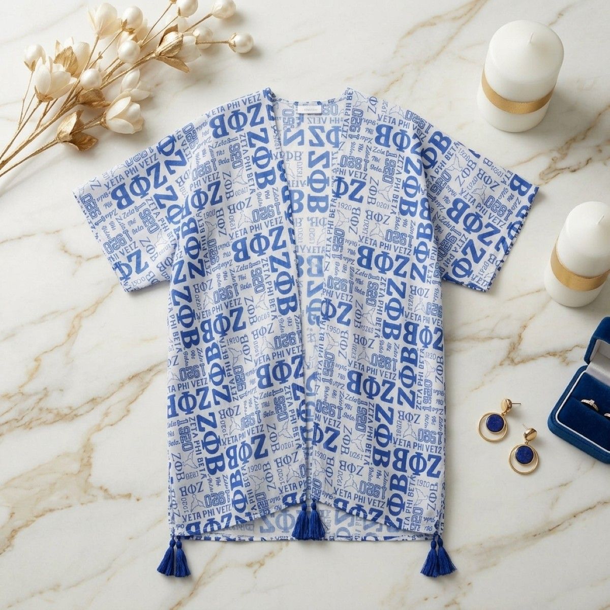 ZPB Blue and White Graphic Print Viscose Kimono
