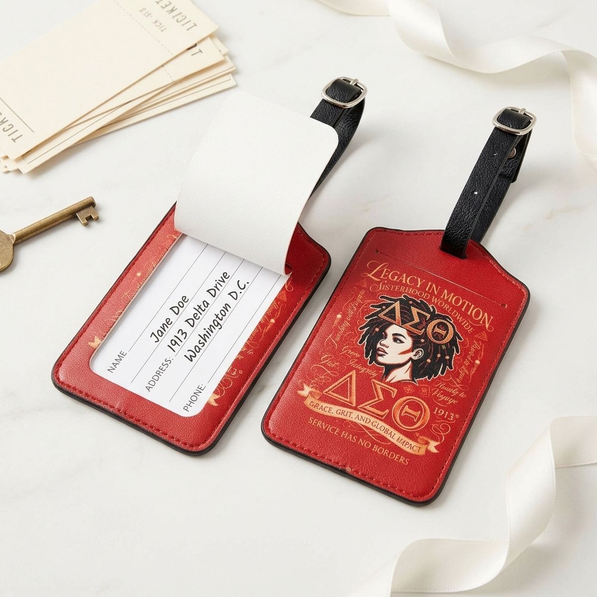 DST Red Faux Leather 2 Pcs Luggage Tag Set