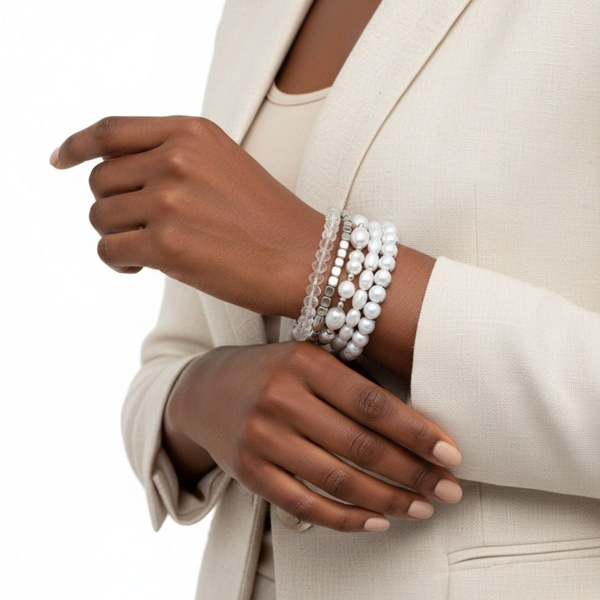 White Pearl and Glass Beads Bracelets