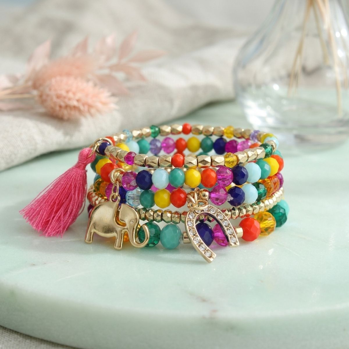 Rainbow Elephant Horseshoe Bracelets