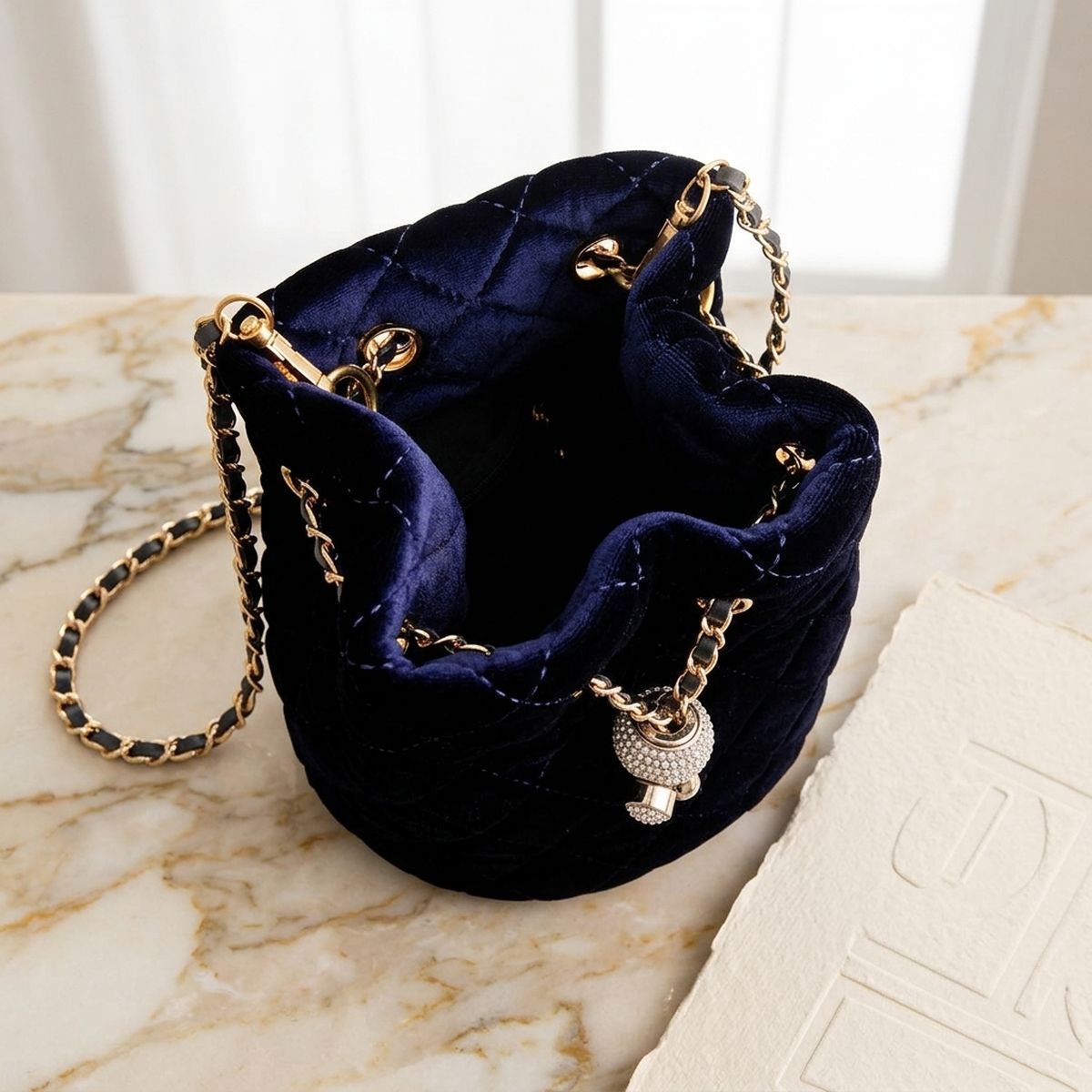 Navy Diamond Velvet Bucket Bag