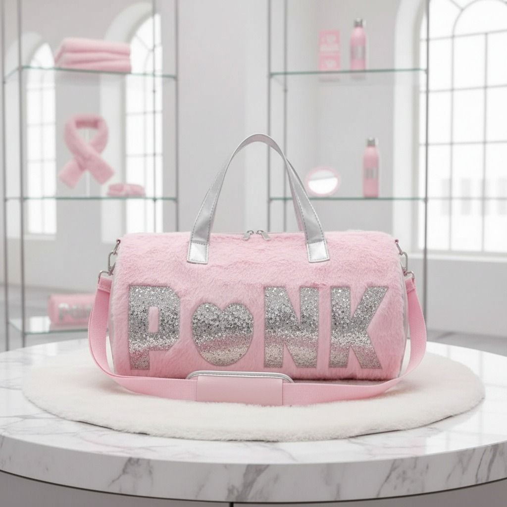 Pink Fur Glitter Duffel Bag
